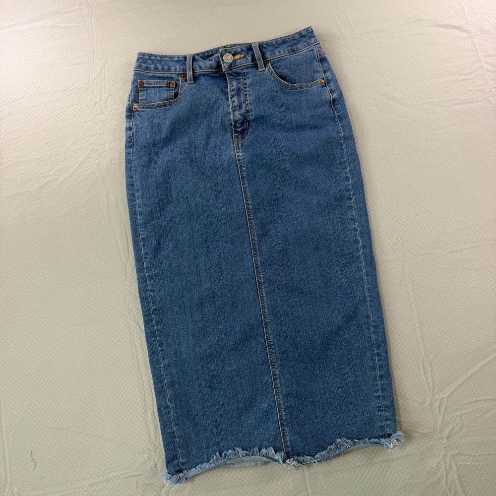 MOUSSY Blue Denim Frayed Hem Maxi Midi Skirt Size 2 High Rise Raw Edge